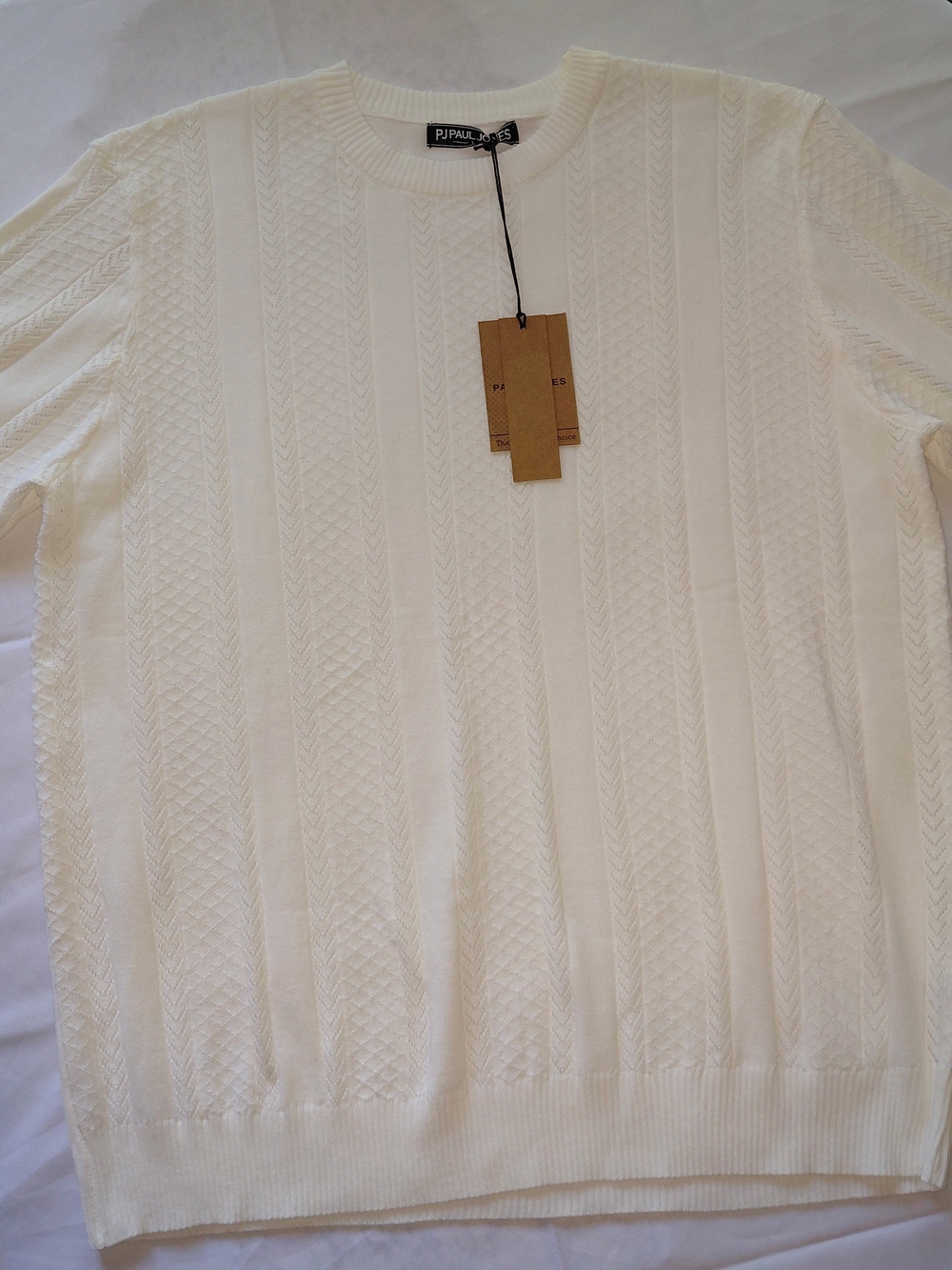 NWT Sz L PJ Paul Jones Textured Cable Knit CrewNeck CREAM Sweater Lightweight - Picture 7 of 12